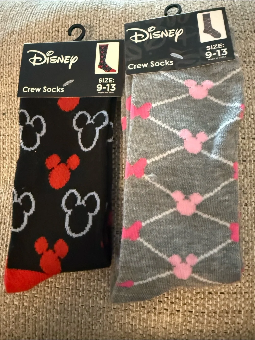 Disney Crew Socks — Black, Gray, Red & Pink Mickey Pattern